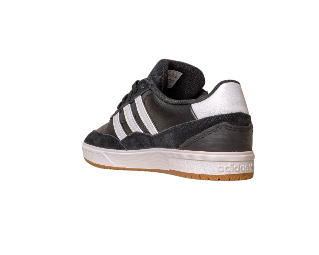 The JI 0846 Tyshawn 2 Adidas Skateboarding Shoe in black/white/gum features a black leather suede upper, three white stripes, white midsole, and gum sole, shown from the back and side against a white background.