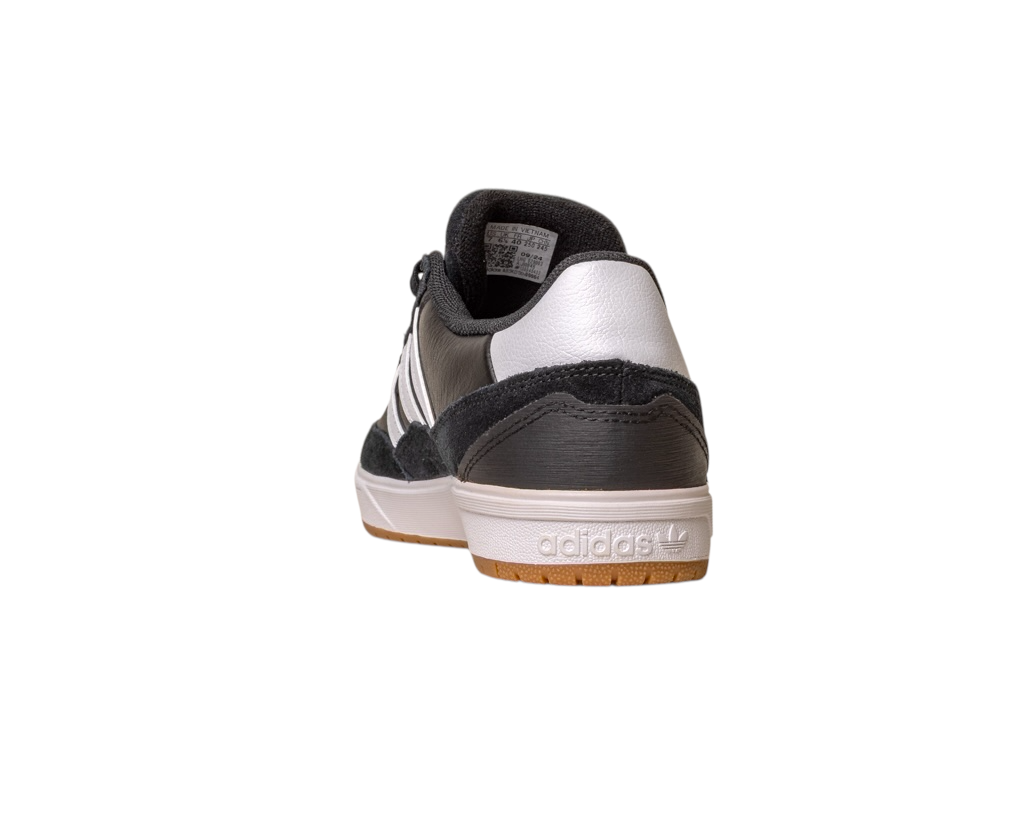 The JI 0846 Black White Gum Tyshawn II Adidas Skateboarding Shoes are shown from the back on a white background, featuring leather suede accents, gray stripes, and a gum-colored sole with the Adidas logo.