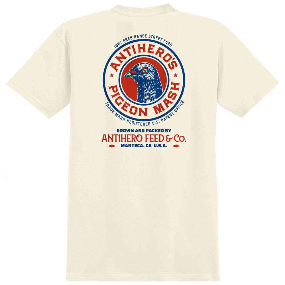 The Pigeon Mash 2 Natural Multicolor Pocket Tee from Anti Hero Skateboards features a cream-colored design with a vintage circular logo of a pigeon head, along with “Antihero’s Pigeon Mash” and “Antihero Feed & Co. Manteca, CA, U.S.A.” in bold red and blue text—an essential tee for fans of classic skateboard culture.