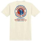 The Pigeon Mash 2 Natural Multicolor Pocket Tee from Anti Hero Skateboards features a cream-colored design with a vintage circular logo of a pigeon head, along with “Antihero’s Pigeon Mash” and “Antihero Feed & Co. Manteca, CA, U.S.A.” in bold red and blue text—an essential tee for fans of classic skateboard culture.