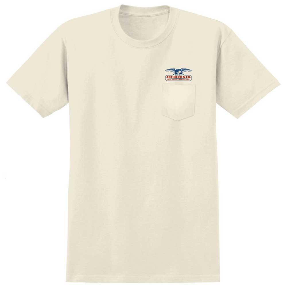 Introducing the Pigeon Mash 2 Natural Multicolor Pocket Tee by Anti Hero Skateboards—a cream-colored t-shirt featuring a front pocket. Above the pocket, a small logo with an eagle and red “Anheuser & Co.” text adds a classic Anti Hero touch. The shirt is laid flat on a white background for display.