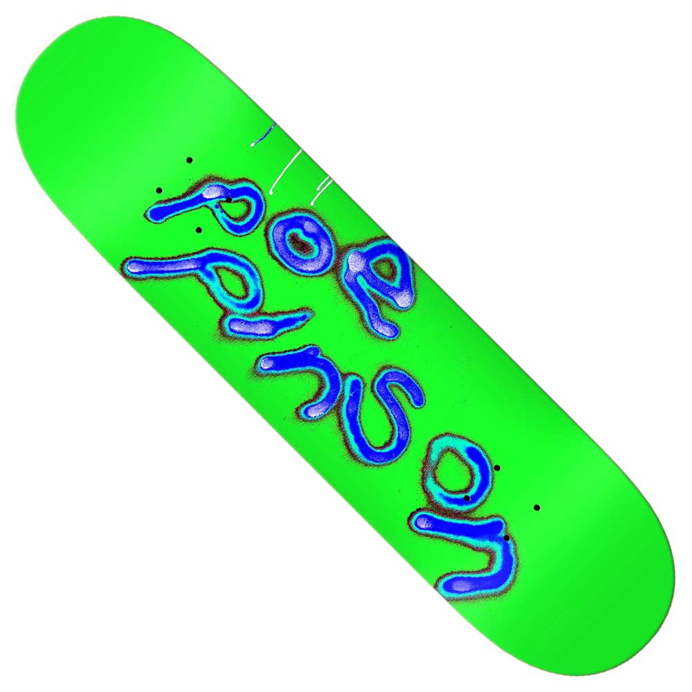 A vibrant green Poe Tele 8.12 There Skateboards Deck features Poe Pinson's name in blue letters outlined in white across the top, making it a standout piece with bold style and exceptional craftsmanship.