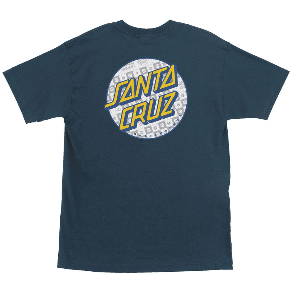Back view of a Pokemon Energy Dot S/S Heavyweight T-Shirt Harbor Blue Mens Santa Cruz, featuring a circular logo with yellow Santa Cruz text over a pattern of various Pokémon energy symbols.