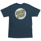 Back view of a Pokemon Energy Dot S/S Heavyweight T-Shirt Harbor Blue Mens Santa Cruz, featuring a circular logo with yellow Santa Cruz text over a pattern of various Pokémon energy symbols.