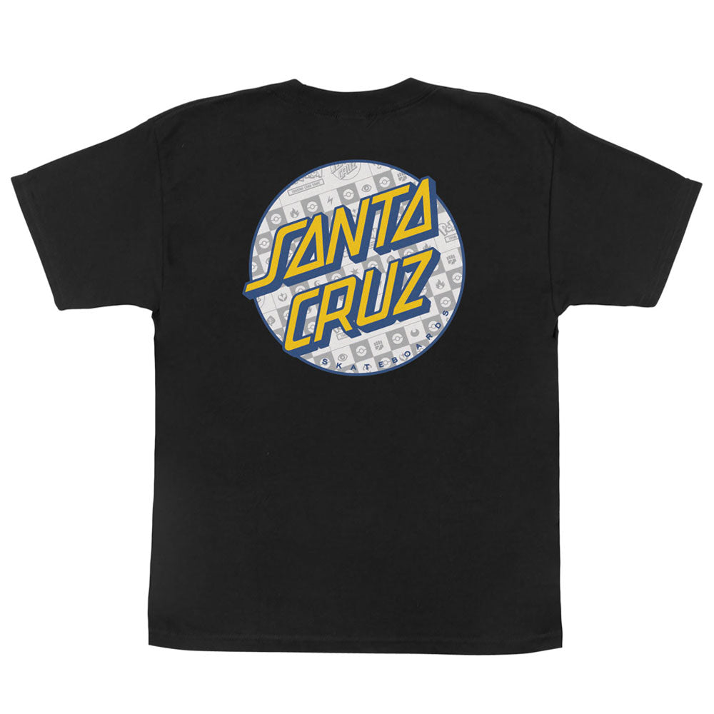 Black YOUTH Pokemon Energy Dot S/S Midweight T-Shirt Black Youth Santa Cruz featuring a large circular graphic on the back with yellow Santa Cruz text over a pattern of white and blue Pokémon energy symbols.