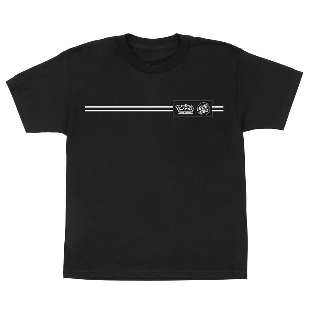 YOUTH Pokemon Energy Dot S/S Midweight T-Shirt Black Youth Santa Cruz featuring two horizontal white lines and a rectangular graphic with Pokémon and Santa Cruz logos.