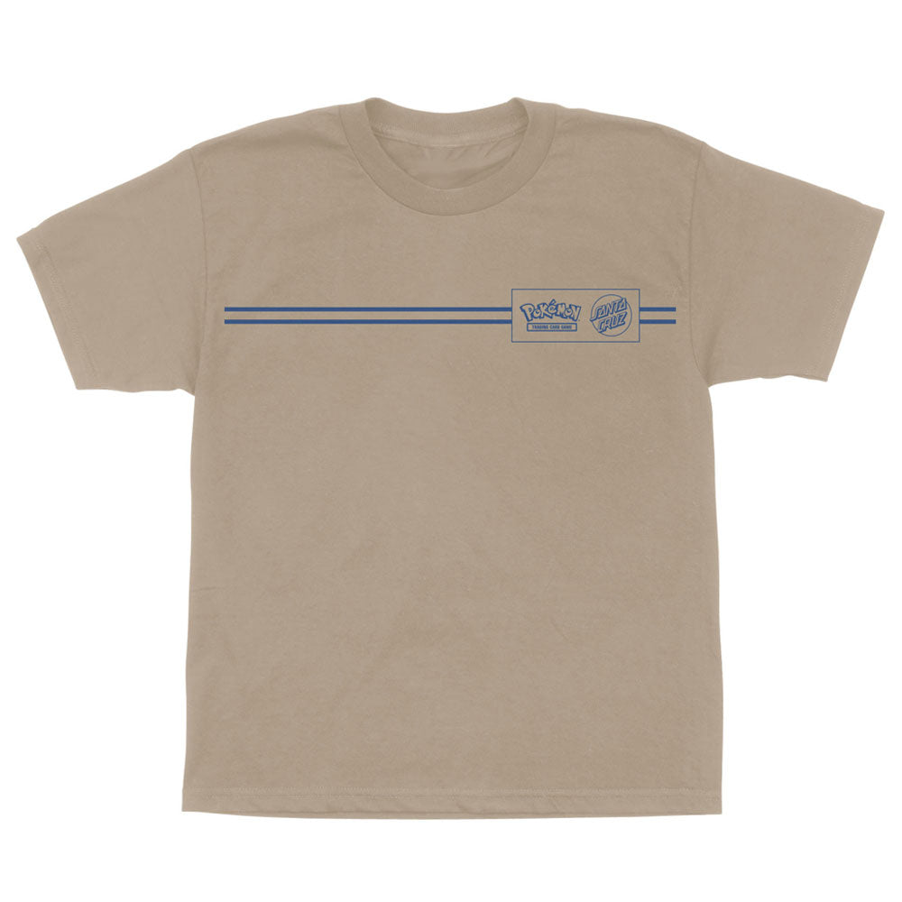 YOUTH Pokemon Energy Dot S/S Midweight T-Shirt Sand Youth Santa Cruz, a tan short-sleeved youth t-shirt featuring a blue horizontal stripe and a chest box with Pokémon and Santa Cruz logos from a limited edition collection.