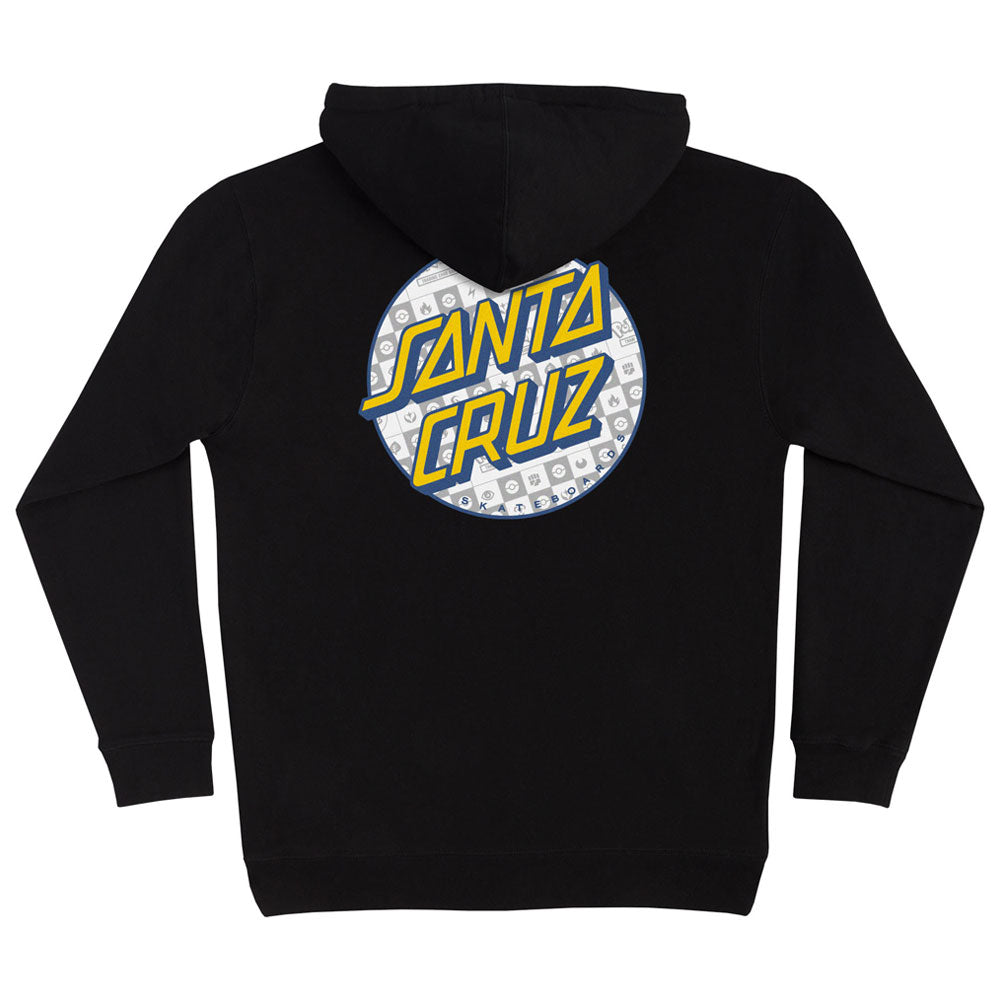 Back view of a black Pokemon Energy Dot Pullover Hooded Midweight Sweatshirt Santa Cruz, featuring a circular yellow and blue logo on the back with the text Santa Cruz over a pattern of small symbols.