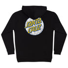 Back view of a black Pokemon Energy Dot Pullover Hooded Midweight Sweatshirt Santa Cruz, featuring a circular yellow and blue logo on the back with the text Santa Cruz over a pattern of small symbols.