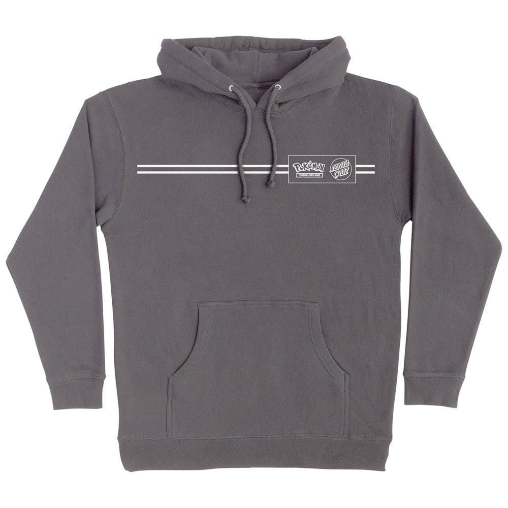 Charcoal grey Pokemon Energy Dot Pullover Hooded Midweight Sweatshirt Charcoal Santa Cruz hoodie featuring a front kangaroo pocket and two horizontal white lines across the chest containing the Pokémon and Santa Cruz logos.