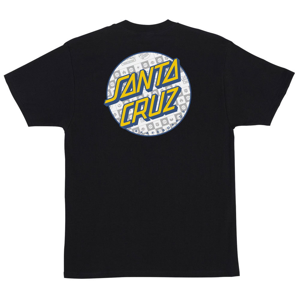 Back of a Pokemon Energy Dot S/S Heavyweight T-Shirt Black Mens Santa Cruz featuring a circular logo on the upper back with yellow SANTA CRUZ text over a light blue background patterned with various Pokémon energy symbols.