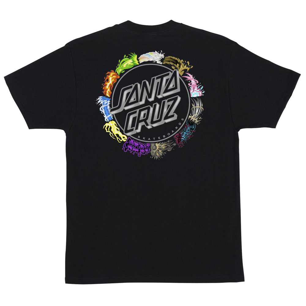 Black Pokemon Power Dot S/S Heavyweight T-Shirt Black Mens Santa Cruz featuring a circular back graphic of Santa Cruz Skateboards text surrounded by colorful cartoon creature-like tentacles and flames.