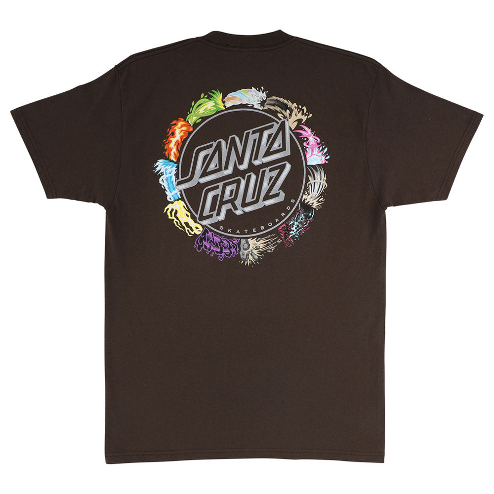 Java Pokémon Power Dot S/S Heavyweight T-Shirt by Santa Cruz featuring a circular back graphic of stylized colorful flames and water splashes surrounding the brand text.