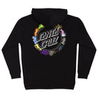 Back view of a black Pokemon Power Dot Pullover Hooded Midweight Sweatshirt Black Mens Santa Cruz, featuring a circular graphic with stylized text surrounded by colorful, abstract organic shapes.