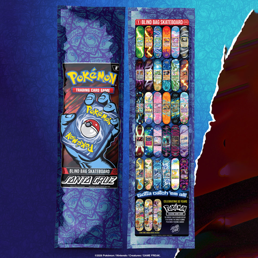 Two vertical views of a Pokémon TCG Blind Bag 8.0in x 31.6in Santa Cruz Decks featuring a blue hand holding a trading card on the left and a grid of thirty Limited Edition skateboard deck designs on the right.