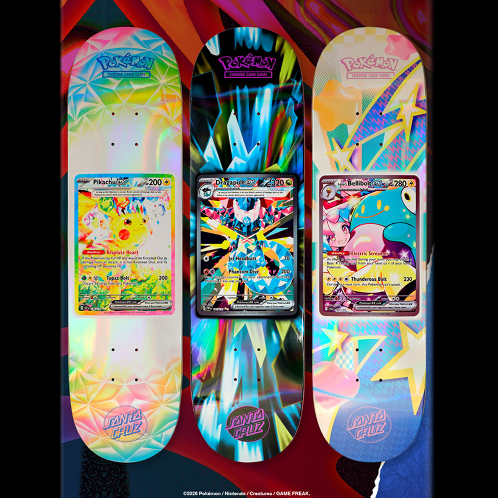 Three Pokemon TCG Blind Bag 8.0in x 31.6in Santa Cruz Decks featuring holographic, prismatic backgrounds and illustrated Pokémon TCG cards in the center of each.