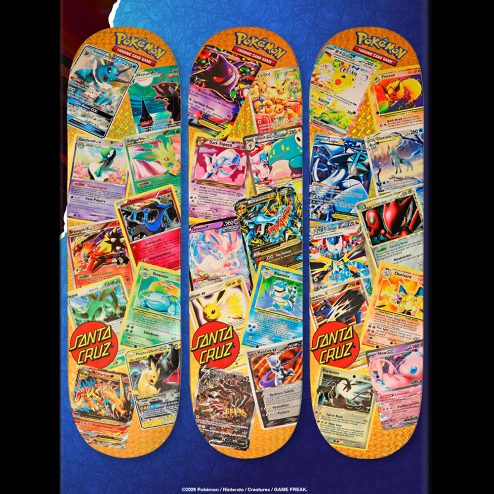 Three Pokemon TCG Blind Bag 8.0in x 31.6in Santa Cruz Decks arranged side-by-side, each featuring a collage of various Pokémon TCG cards.