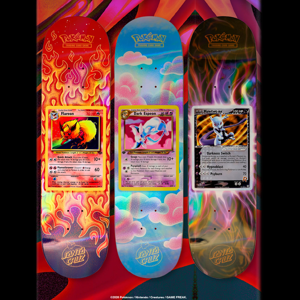 Three Pokemon TCG Blind Bag 8.0in x 31.6in Santa Cruz Decks featuring Flareon over orange flames, Dark Espeon over a cloudy blue sky, and Mewtwo ex over a dark, iridescent background.