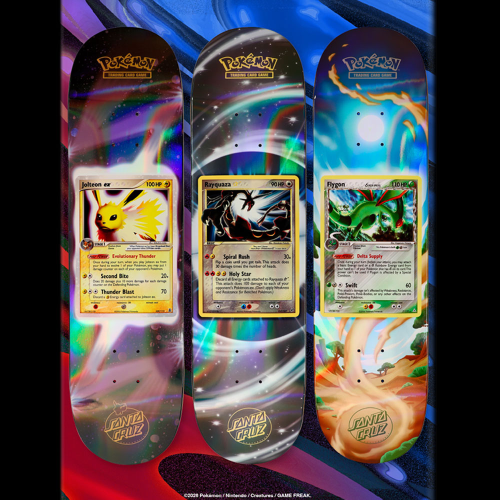 Three Pokemon TCG Blind Bag 8.0in x 31.6in Santa Cruz Decks featuring colorful, swirling backgrounds and large prints of Jolteon, Rayquaza, and Flygon Pokémon TCG cards.