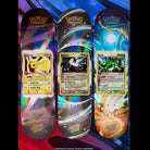 Three Pokemon TCG Blind Bag 8.0in x 31.6in Santa Cruz Decks featuring colorful, swirling backgrounds and large prints of Jolteon, Rayquaza, and Flygon Pokémon TCG cards.
