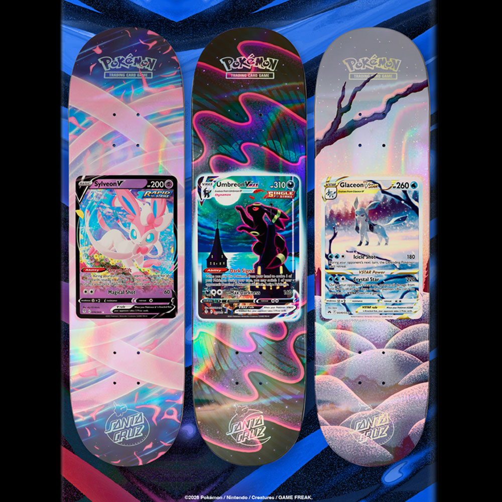 Three Pokemon TCG Blind Bag 8.0in x 31.6in Santa Cruz Decks featuring holographic graphics of Sylveon V, Umbreon VMAX, and Glaceon V cards against a backdrop of stylized trees and clouds.