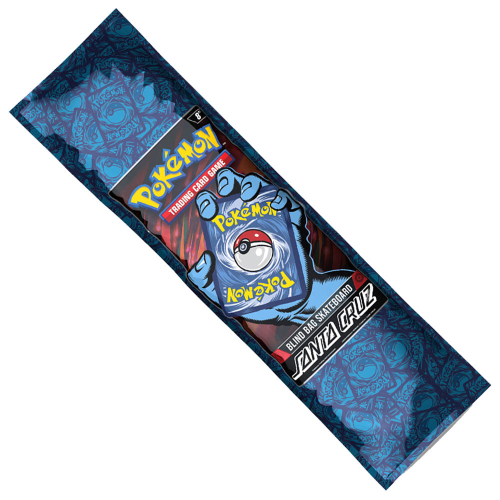 A long, rectangular Pokemon TCG Blind Bag 8.0in x 31.6in Santa Cruz Decks featuring a blue-furred hand holding a Poké Ball, with Pokémon TCG and skateboard company branding.