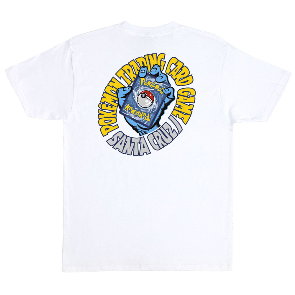 White Pokemon TCG Hand S/S Heavyweight T-Shirt White Mens Santa Cruz with a blue hand on the back holding a Pokémon trading card, surrounded by text that reads Pokémon Trading Card Game Santa Cruz.