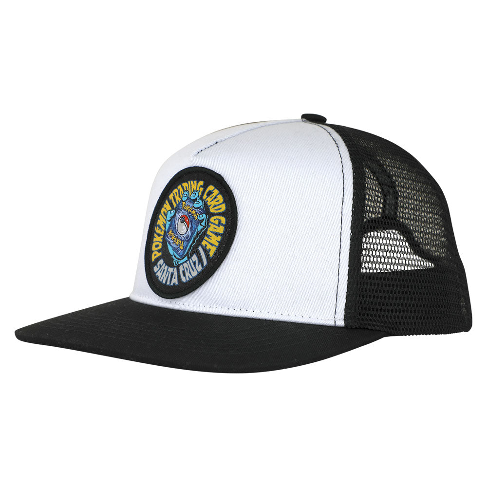 YOUTH Pokemon TCG Hand Mesh Trucker Structured Hat White Black One Size Youth Santa Cruz, a white and black trucker hat featuring a round patch with the Pokémon Trading Card Game logo and Santa Cruz branding on the front.