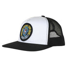 YOUTH Pokemon TCG Hand Mesh Trucker Structured Hat White Black One Size Youth Santa Cruz, a white and black trucker hat featuring a round patch with the Pokémon Trading Card Game logo and Santa Cruz branding on the front.