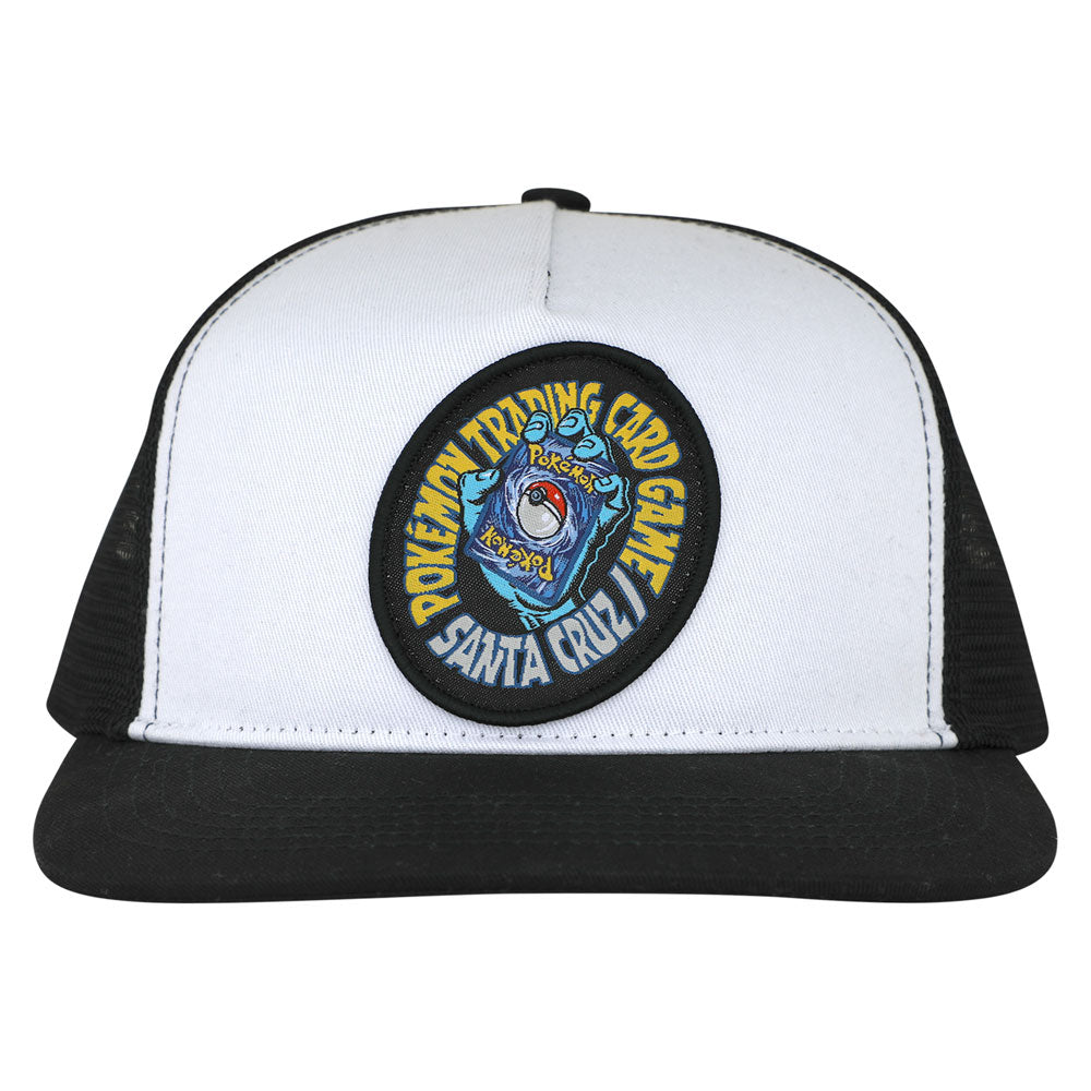 YOUTH Pokemon TCG Hand Mesh Trucker Structured Hat White Black One Size Youth Santa Cruz, a white and black trucker hat featuring a circular patch with a Pokémon Trading Card Game illustration and Santa Cruz text.