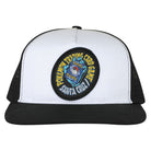 YOUTH Pokemon TCG Hand Mesh Trucker Structured Hat White Black One Size Youth Santa Cruz, a white and black trucker hat featuring a circular patch with a Pokémon Trading Card Game illustration and Santa Cruz text.