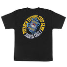 YOUTH Pokemon TCG Hand S/S Midweight T-Shirt Black Youth Santa Cruz featuring a back graphic of a hand holding a Pokémon trading card inside a yellow circular border that reads Pokémon Trading Card Game Santa Cruz.