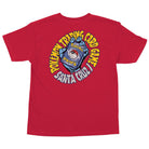 Red YOUTH Pokemon TCG Hand S/S Midweight T-Shirt Red Youth Santa Cruz featuring a back graphic of a hand holding a trading card inside a yellow circular border that reads Pokémon Trading Card Game Santa Cruz.