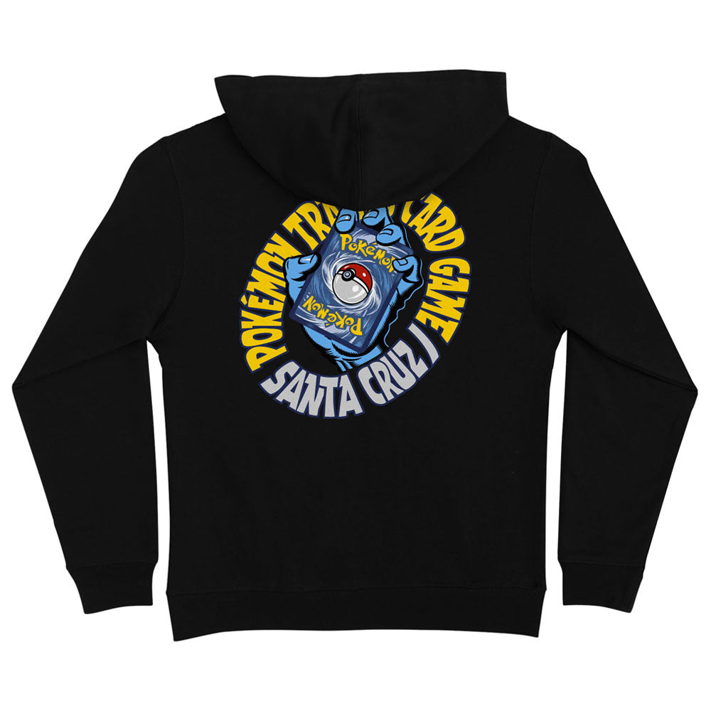 Black Pokemon TCG Hand Pullover Hooded Midweight Sweatshirt Black Youth Santa Cruz with a circular graphic on the back featuring a Pokémon TCG card and yellow text reading Pokémon Trading Card Game Santa Cruz.