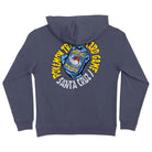 Back view of a YOUTH Pokemon TCG Hand Pullover Hooded Midweight Sweatshirt Storm Blue Youth Santa Cruz, featuring a graphic of a blue hand holding a Pokémon TCG card surrounded by text reading Pokémon Trading Card Game and Santa Cruz.