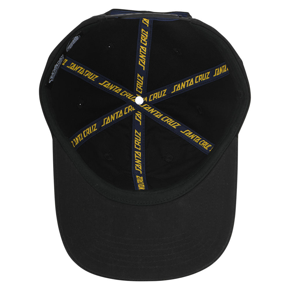 Interior view of a black Pokemon TCG Hand Snapback Unstructured Hat Black Onew Size Unisex Santa Cruz baseball cap featuring branded tape along the seams.