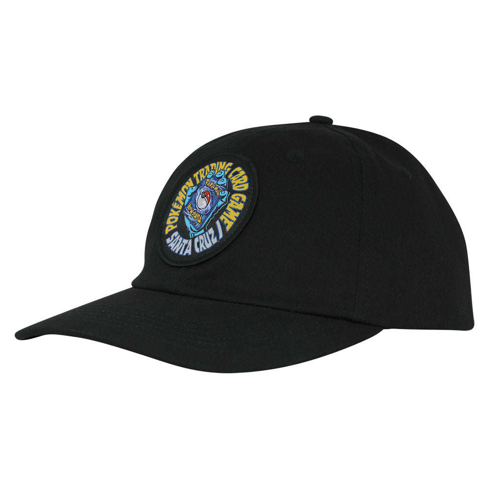 Black unstructured Pokemon TCG Hand Snapback Unstructured Hat Black Onew Size Unisex Santa Cruz featuring a circular patch with a blue, yellow, and white graphic of a hand holding a Pokémon Trading Card Game logo.