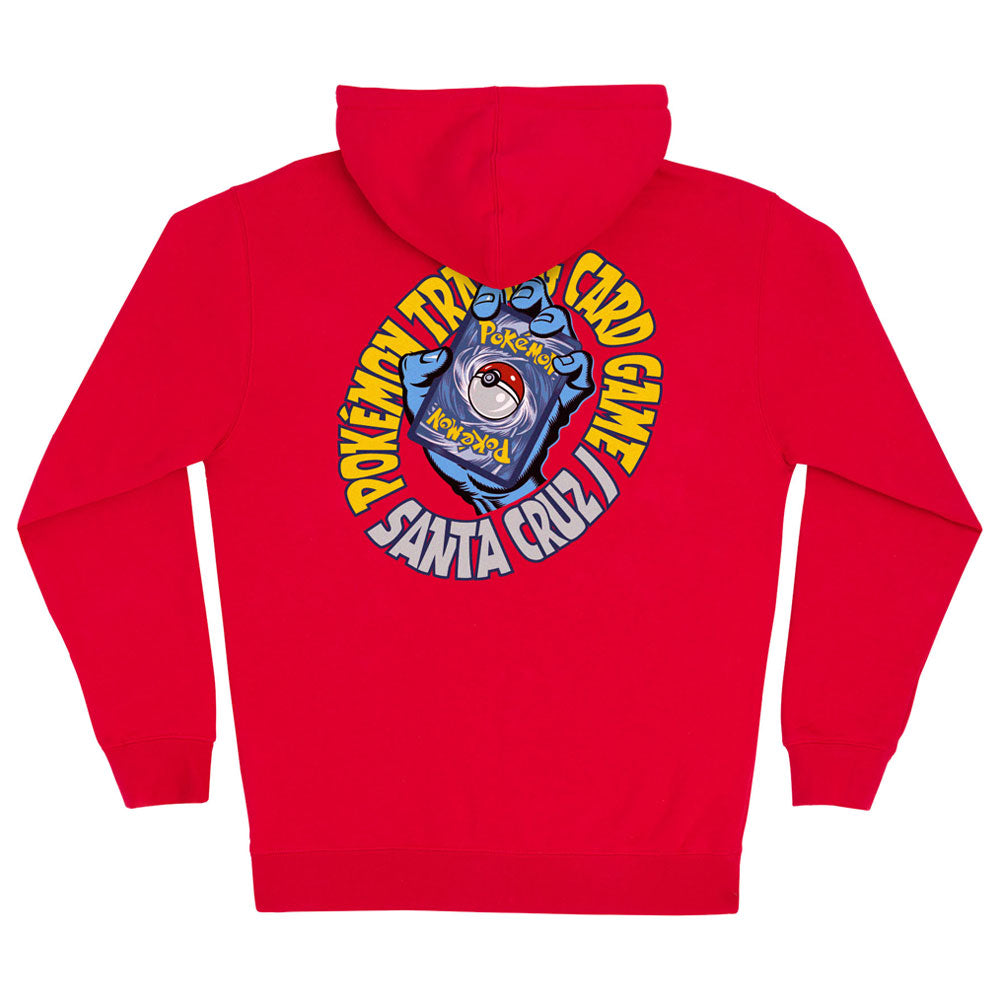 Red Pokemon TCG Hand Zip Hooded Heavyweight Sweatshirt Red Mens Santa Cruz featuring a circular back graphic of a blue creature holding a Pokémon card, surrounded by text reading Pokémon Trading Card Game Santa Cruz.