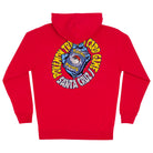 Red Pokemon TCG Hand Zip Hooded Heavyweight Sweatshirt Red Mens Santa Cruz featuring a circular back graphic of a blue creature holding a Pokémon card, surrounded by text reading Pokémon Trading Card Game Santa Cruz.