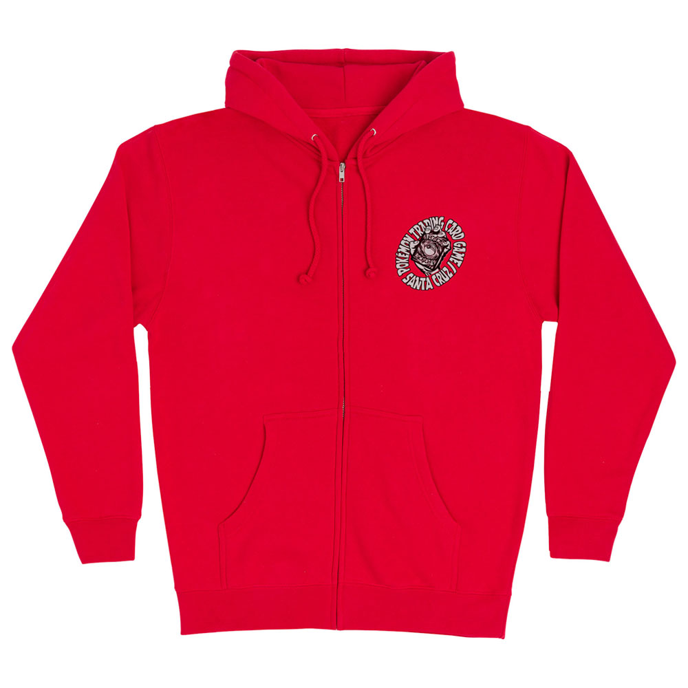 Red Pokemon TCG Hand Zip Hooded Heavyweight Sweatshirt Red Mens Santa Cruz featuring a circular graphic on the left chest with a stylized hand and text.