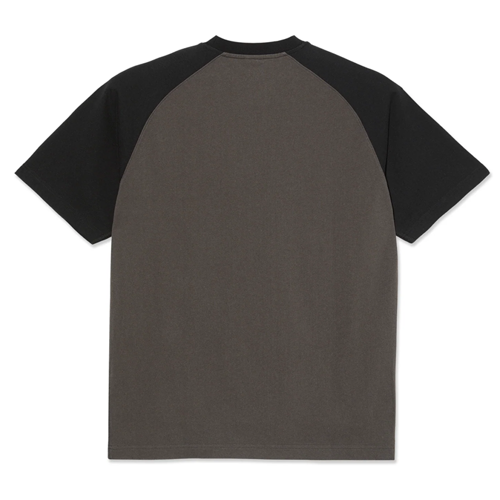 The Polar Tee Doe Dirty Black Black is a short-sleeve t-shirt shown from the back, featuring a dark gray cotton double jersey body with black raglan sleeves and a matching black collar.