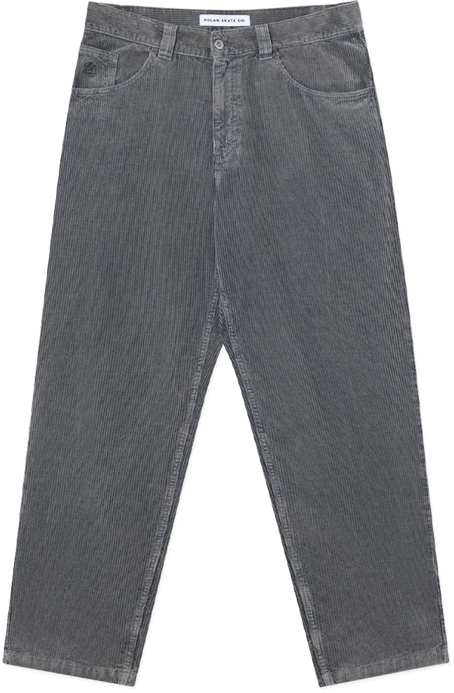 The Polar 93 Pants Jeans Overdyed Corduroy in Blueish Grey feature straight legs, a semi-baggy fit, two front pockets, and a button and zip closure, shown flat on a white background.