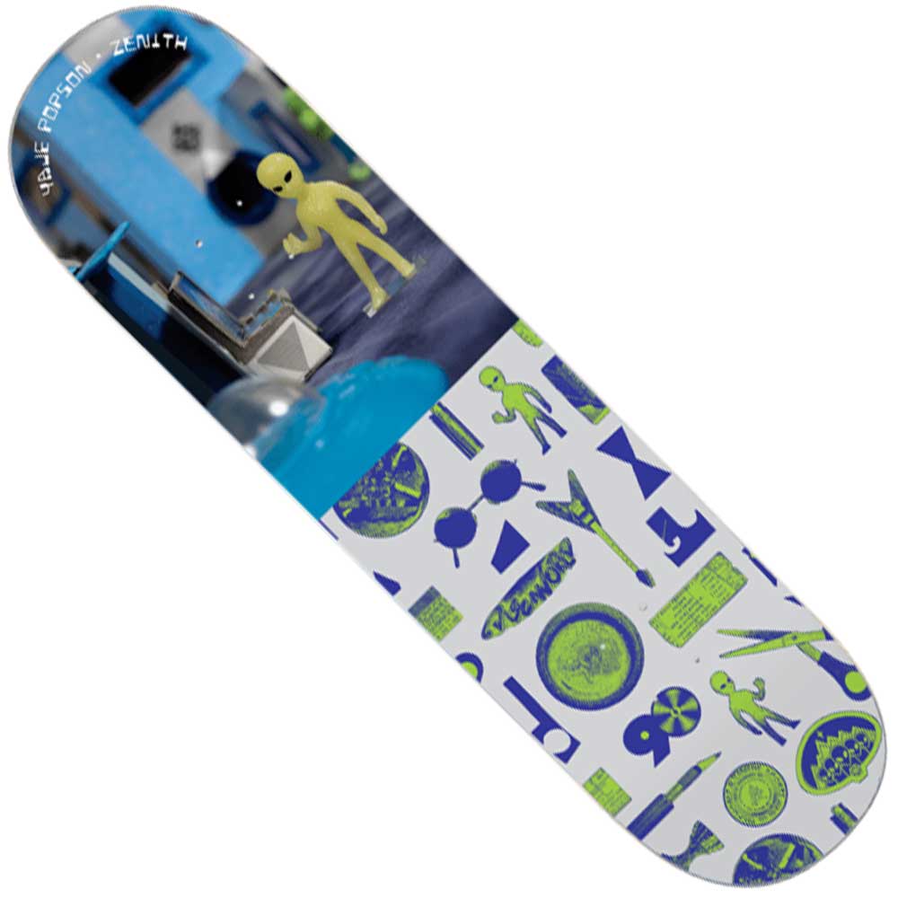 The Popson Zenith 8.12 Alien Workshop Skateboard Deck showcases a striking yellow alien set in a blue room on one end, while the remainder of the 8.12” deck is adorned with blue and green geometric shapes, intricate symbols, and small alien figures—all against a crisp white background.