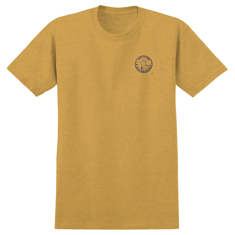 Postal Mustard Yellow Navy Tee Anti Hero Skateboards t-shirt in mustard yellow with a short-sleeve crewneck and a small circular logo on the left chest.