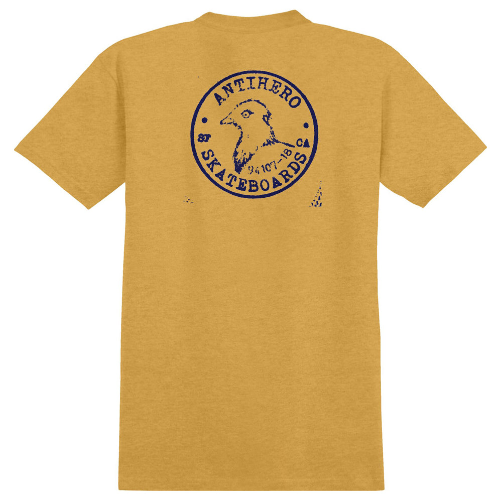 Postal Mustard Yellow Navy Tee Anti Hero Skateboards T-Shirt in mustard yellow, featuring a navy blue circular graphic on the back with a pigeon and the brand name.