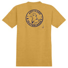 Postal Mustard Yellow Navy Tee Anti Hero Skateboards T-Shirt in mustard yellow, featuring a navy blue circular graphic on the back with a pigeon and the brand name.