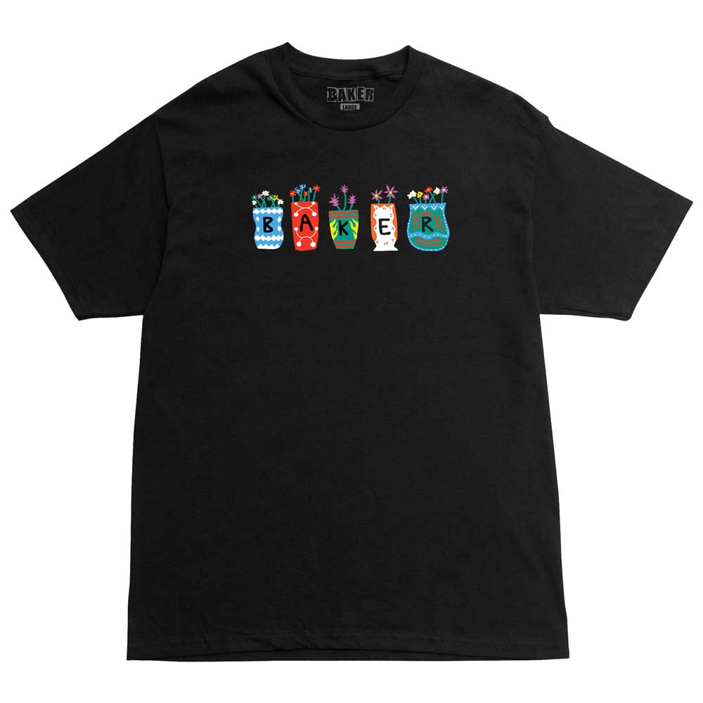 Pots and Flowers Tee Black by Baker Skateboards features the word “BAKER” spelled out in vibrant, decorated jars reminiscent of pots and flowers, each with unique patterns and small shapes emerging from the tops.
