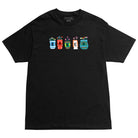 Pots and Flowers Tee Black by Baker Skateboards features the word “BAKER” spelled out in vibrant, decorated jars reminiscent of pots and flowers, each with unique patterns and small shapes emerging from the tops.