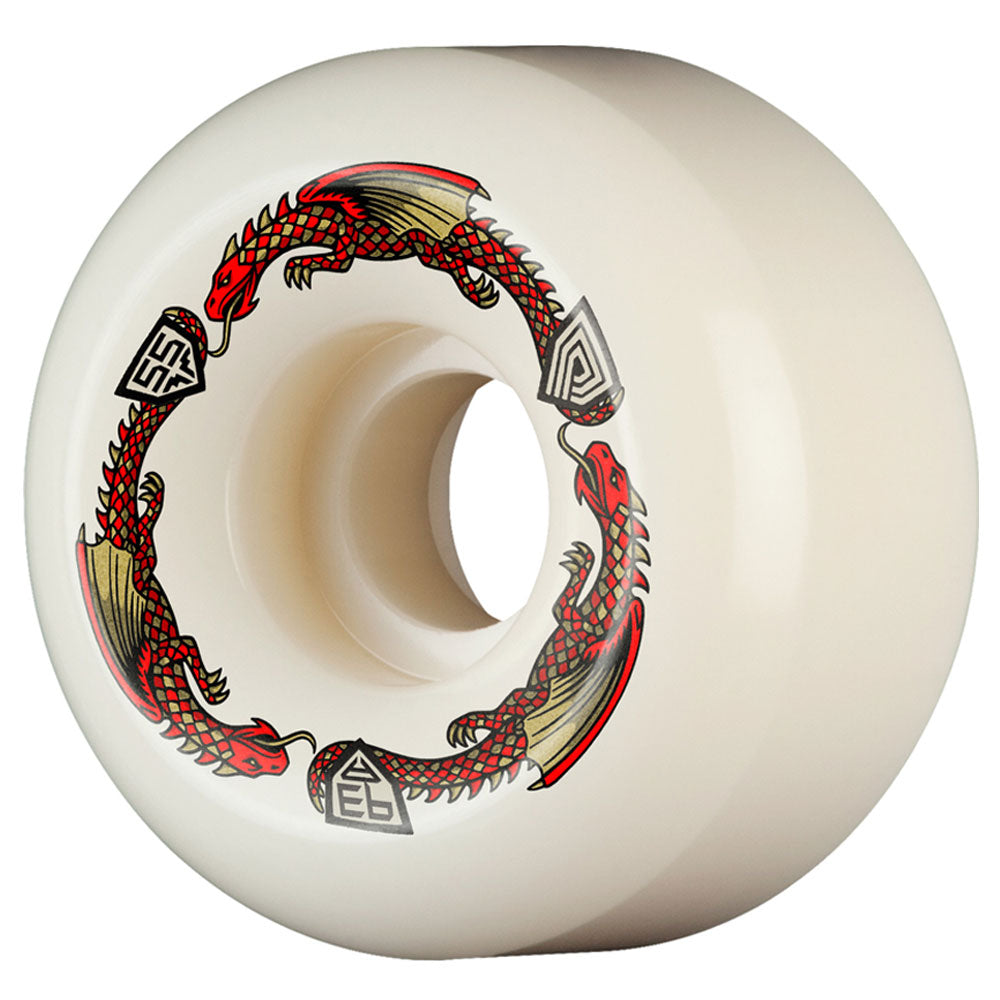 A white Powell Peralta 93A Dragon Formula Skateboard Wheel (55mm x 35mm, Shape V6) featuring a red dragon design with wings and geometric symbols near their mouths wrapping around the outer edge in a circle, highlighting Powell Peralta’s iconic style and innovative Dragon Formula.