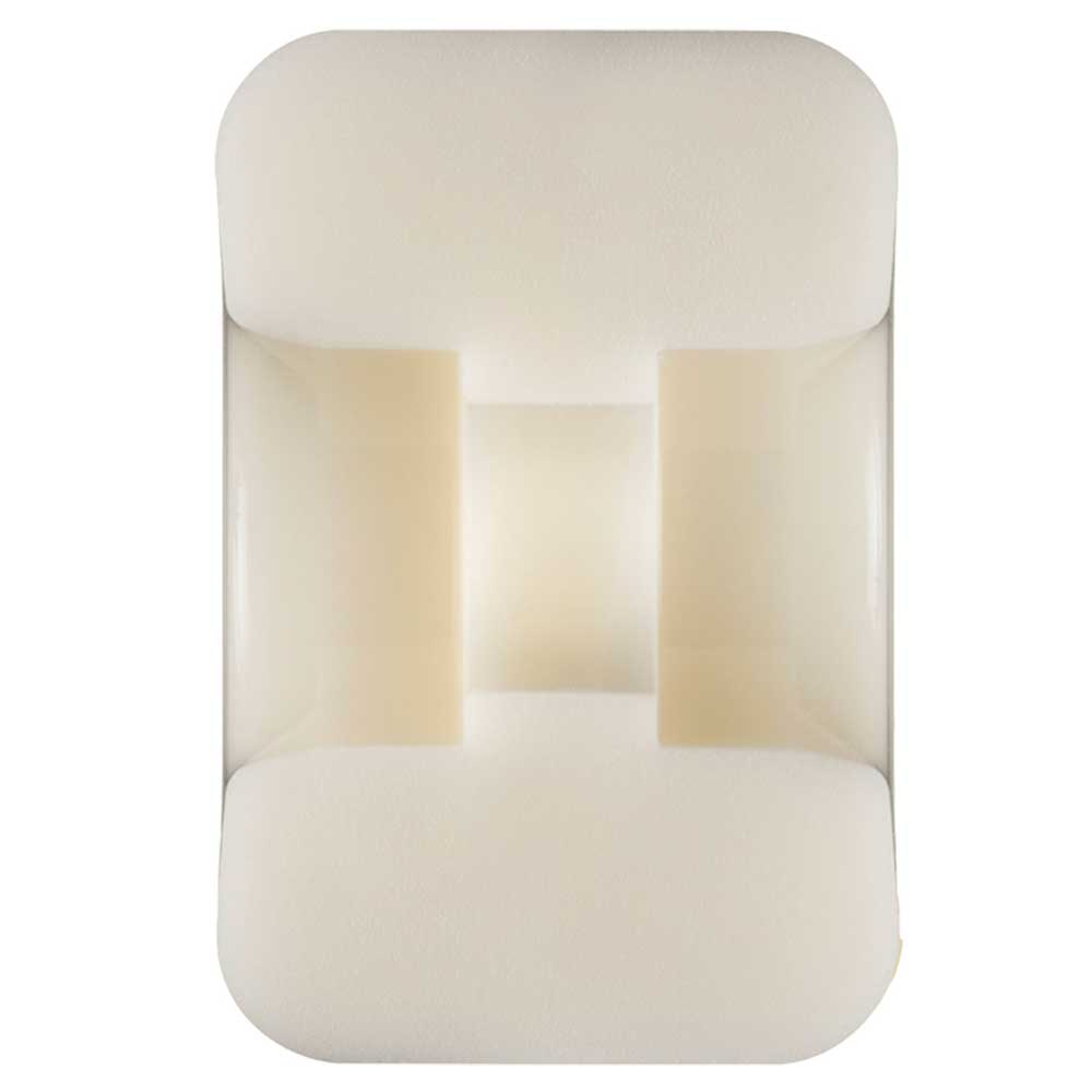 A white rectangular foam block with a large U-shaped cutout—like packaging for Powell Peralta Chris Hiett Pro 97A V7 Symmetrical Shape 54mm x 34mm Nano Rats Skateboard Wheels—is photographed from above on a plain white background.